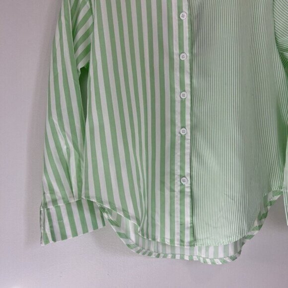 Women's Striped Button Down Shirt Size M Cropped Louse Fit Blouse Green White - Picture 15 of 16